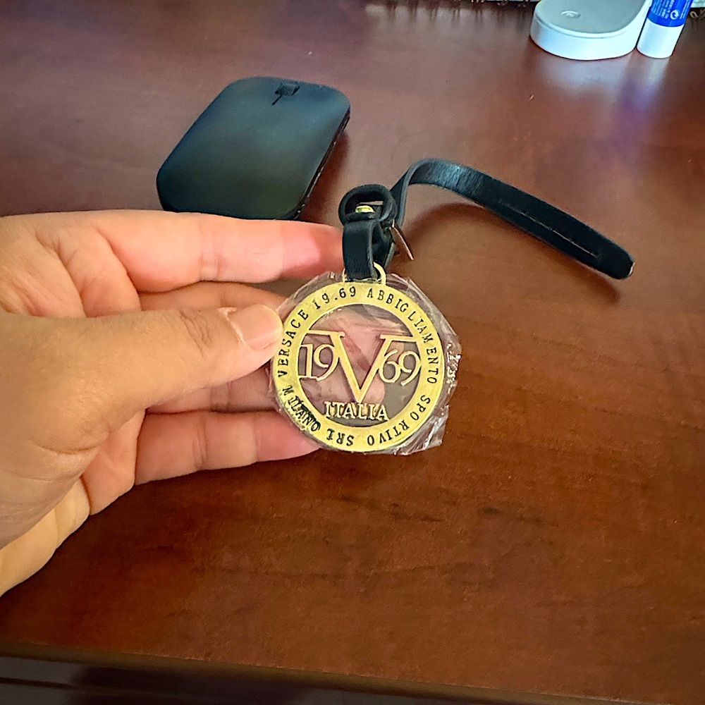Versace 1969 Italia Black Leather Strap Gold Color Round Keychain/ Bag Tag